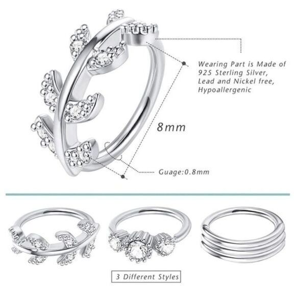 .925 Sterling Silver and Diamond Cubic Zirconia 20G Nose Hoop Rings - Set of 3 - Picture 5 of 5